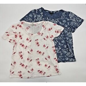 LUCKY BRAND Set of 2 Floral T-Shirts Blue Pink Red White Boho Batik Women Sz S/P